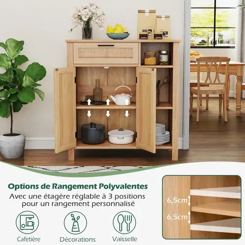 Buffet Cuisine Rotin Avec Tiroir, Meuble Cannage Bohème Avec Portes En Rotin Tressé,étagère Réglable