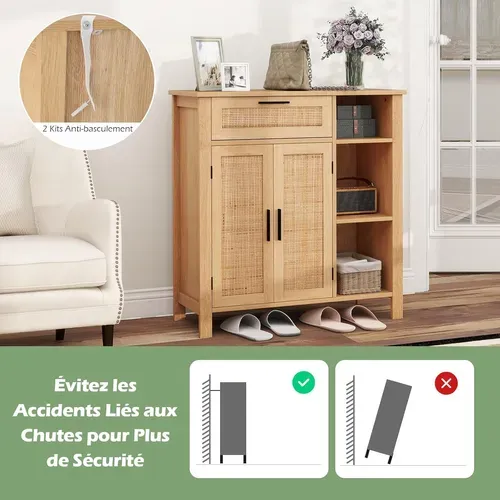 Buffet Cuisine Rotin Avec Tiroir, Meuble Cannage Bohème Avec Portes En Rotin Tressé,étagère Réglable