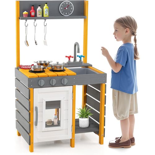 Cuisine Extérieure Enfant En Bois Avec Évier Et Robinet, Bouton Rotatif Et Four (gris + Jaune)
