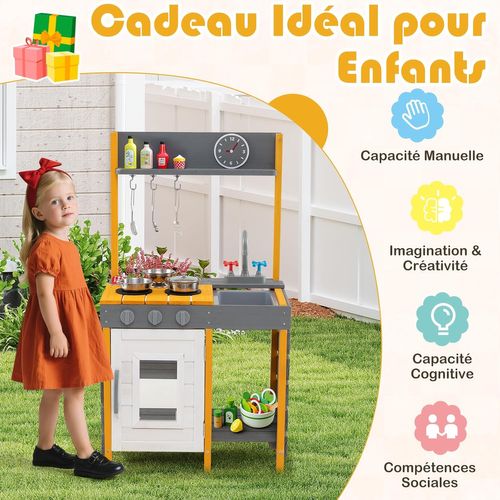 Cuisine Extérieure Enfant En Bois Avec Évier Et Robinet, Bouton Rotatif Et Four (gris + Jaune)