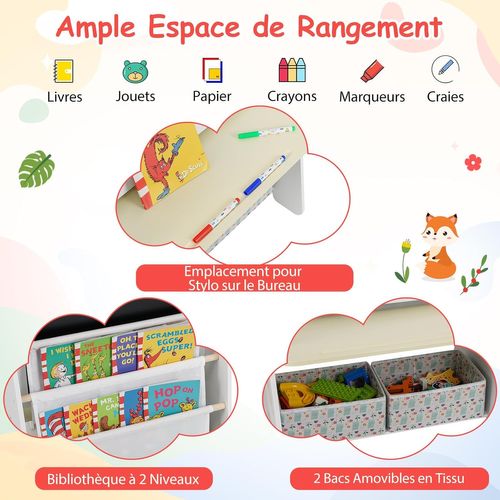 COSTWAY Bureau pour Enfants 3 Ans+ avec Chaise d'Étude, Tableau Blanc, Marqueur, Tableau d'Affichage, Bibliothèque en Bois, Violet - Maison