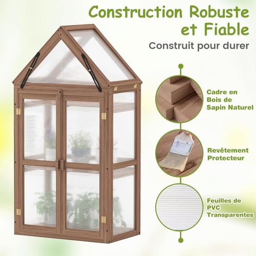 Serre De Jardin à 3 Niveaux En Bois De Sapin, 2 Porte Toit Ouvrant Avec Étagères Réglables, Brun