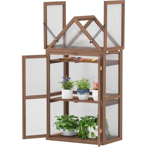 Serre De Jardin à 3 Niveaux En Bois De Sapin, 2 Porte Toit Ouvrant Avec Étagères Réglables, Brun