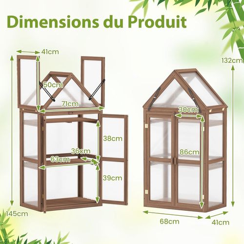 Serre De Jardin à 3 Niveaux En Bois De Sapin, 2 Porte Toit Ouvrant Avec Étagères Réglables, Brun