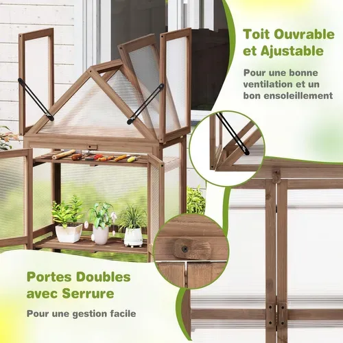 Serre De Jardin à 3 Niveaux En Bois De Sapin, 2 Porte Toit Ouvrant Avec Étagères Réglables, Brun