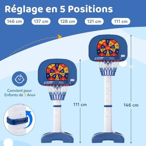 Panier De Basket Enfant 4 En 1 Ansobea - Hauteur Réglable 114-152 Cm, Basketball, Football, Golf, Lancer D'Anneaux, Intérieur/Extérieur, Bleu