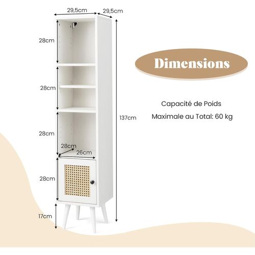 Meuble Colonne De Rangement Avec Porte Rotin Et Pieds En Bois Massif,meuble De Salle De Bain(blanc)