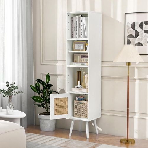 Meuble Colonne De Rangement Avec Porte Rotin Et Pieds En Bois Massif,meuble De Salle De Bain(blanc)