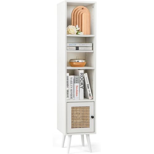 Meuble Colonne De Rangement Avec Porte Rotin Et Pieds En Bois Massif,meuble De Salle De Bain(blanc)