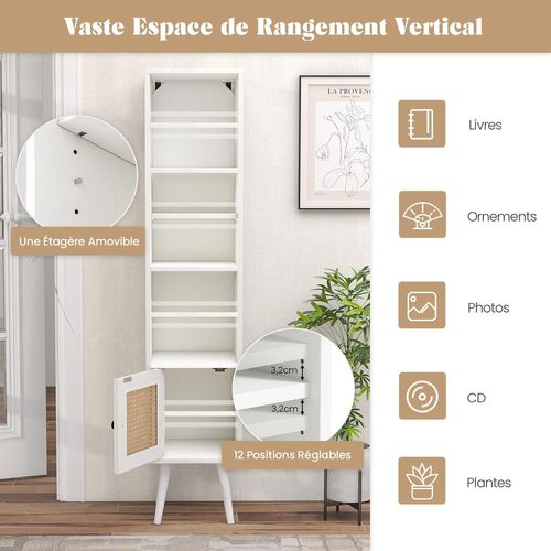 Meuble Colonne De Rangement Avec Porte Rotin Et Pieds En Bois Massif,meuble De Salle De Bain(blanc)