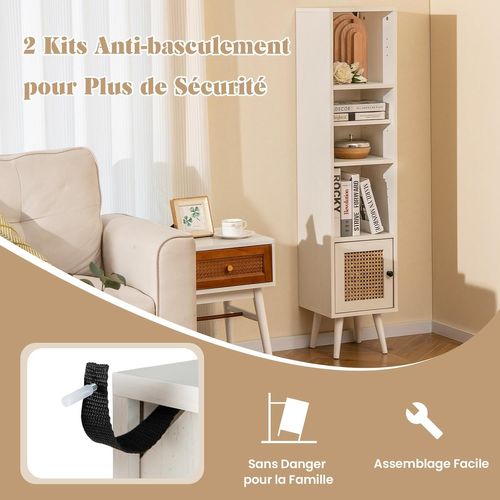 Meuble Colonne De Rangement Avec Porte Rotin Et Pieds En Bois Massif,meuble De Salle De Bain(blanc)