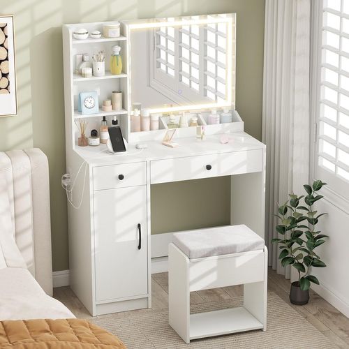 Coiffeuse Avec Miroir Et Tabouret, Coiffeuse Avec Rangement, Lumières Et Luminosité Réglable, Blanc