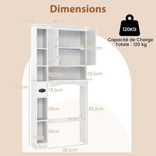 Meuble Wc, Rangement Dessus De Toilette, Étagère Pour Machine à Laver Avec 2 Portes,étagère,blanc