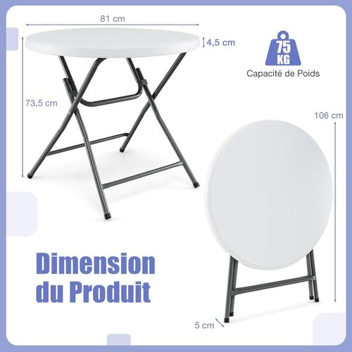 Table De Jardin Ronde Pliante 81 Cm, Table à Manger Extérieur Avec Plateau Épaissi En Hdpe,blanc