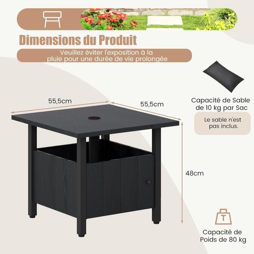 Table De Jardin Carrée Avec Trou Pour Parasol 4,8 Cm, Table D'appoint Extérieure Aspect Bois,noir
