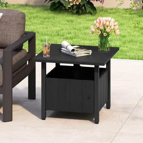 Table De Jardin Carrée Avec Trou Pour Parasol 4,8 Cm, Table D'appoint Extérieure Aspect Bois,noir