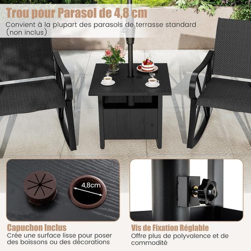 Table De Jardin Carrée Avec Trou Pour Parasol 4,8 Cm, Table D'appoint Extérieure Aspect Bois,noir