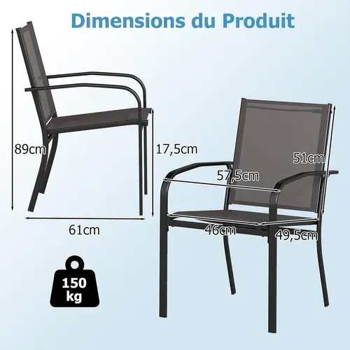 Lot De 2 Chaises De Jardin Exterieur Empilable, Tissu Respirant, Dossier Haut, Cadre En Métal