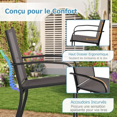 Lot De 2 Chaises De Jardin Exterieur Empilable, Tissu Respirant, Dossier Haut, Cadre En Métal