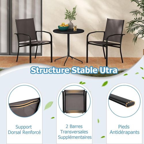 Lot De 2 Chaises De Jardin Exterieur Empilable, Tissu Respirant, Dossier Haut, Cadre En Métal