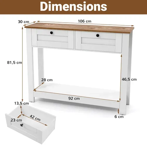 Table Console Avec 2 Tiroirs, Table D'entrée Étroite De 106 Cm De Long, Étagère Ouverte