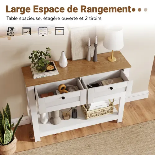 Table Console Avec 2 Tiroirs, Table D'entrée Étroite De 106 Cm De Long, Étagère Ouverte