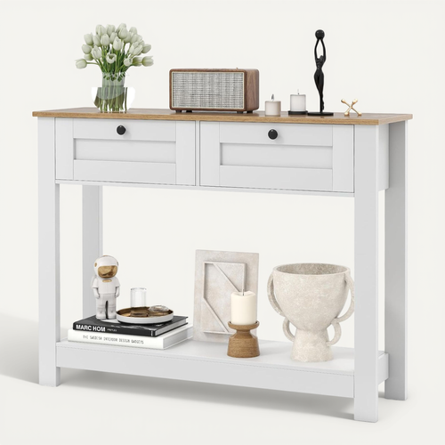 Table Console Avec 2 Tiroirs, Table D'entrée Étroite De 106 Cm De Long, Étagère Ouverte