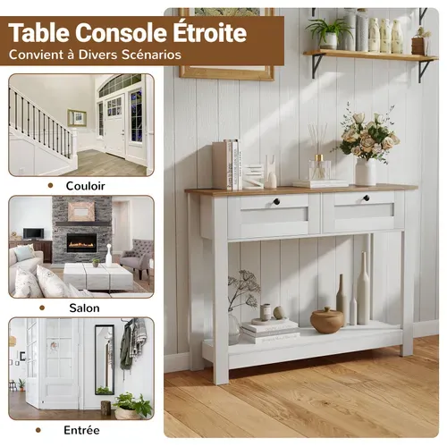 Table Console Avec 2 Tiroirs, Table D'entrée Étroite De 106 Cm De Long, Étagère Ouverte