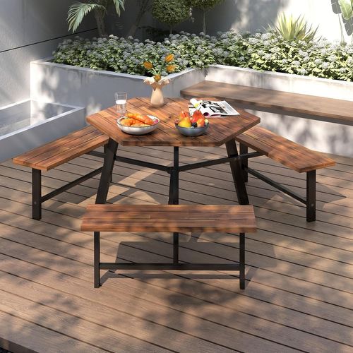 Ensemble Table De Pique-nique Pour 6 Personnes, Table à Manger 3 Bancs Intégrés