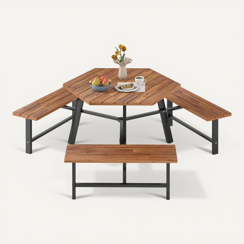 Ensemble Table De Pique-nique Pour 6 Personnes, Table à Manger 3 Bancs Intégrés