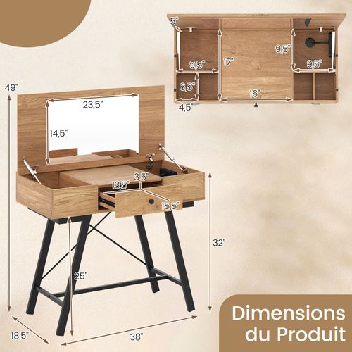2 En 1 Coiffeuse Avec Miroir, Coiffeuse Avec Rangement, Station De Charge, 6 Compartiments (naturel)