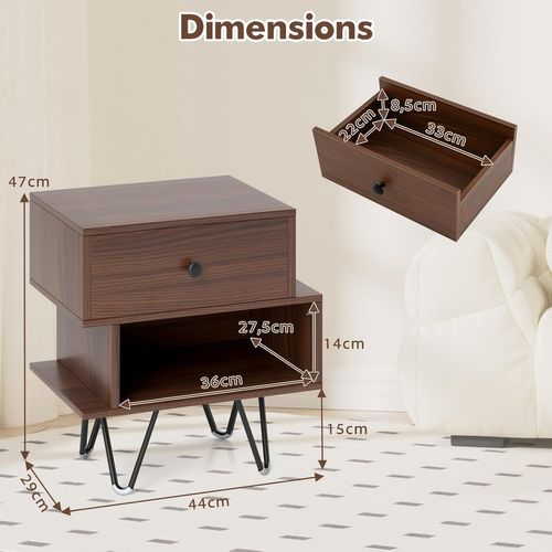 Lot De 2 Tables De Chevet COSTWAY – Design Irrégulier Moderne Avec Tiroir & Pieds Métal – Style Mid-Century