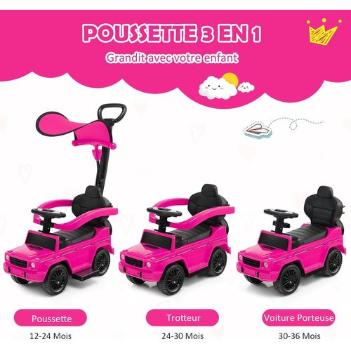 COSTWAY Porteur Enfant 3-en-1 Mercedes-Benz – Poussette, Trotteur, Voiture à Pédales, Avec Auvent & Klaxon