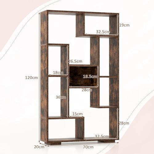 Bibliothèque Étagère à 9 Compartiments Ouvertes, Meuble De Rangement,20x70x120cm (marron Rustique)