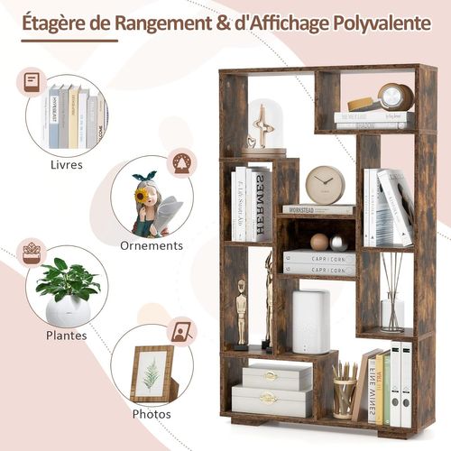 Bibliothèque Étagère à 9 Compartiments Ouvertes, Meuble De Rangement,20x70x120cm (marron Rustique)