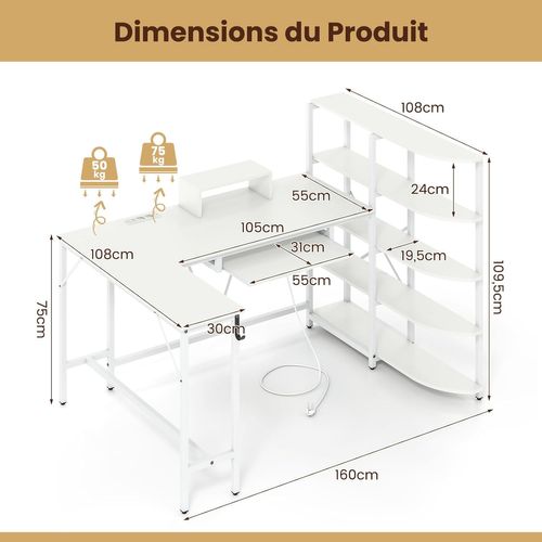 Bureau En L Avec Bibliothèque Étagères, Crochet Pour Casque Et Tiroir Pour Clavier (blanc)
