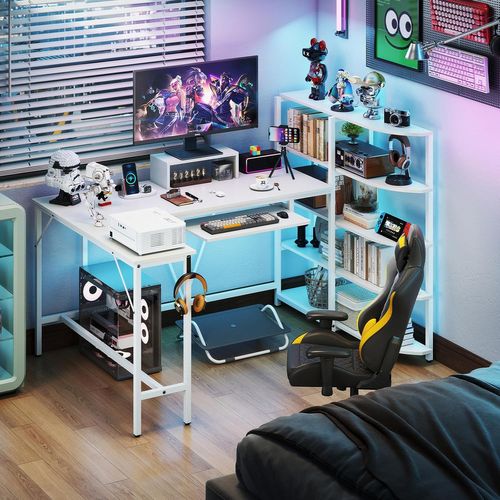 Bureau En L Avec Bibliothèque Étagères, Crochet Pour Casque Et Tiroir Pour Clavier (blanc)