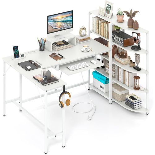 Bureau En L Avec Bibliothèque Étagères, Crochet Pour Casque Et Tiroir Pour Clavier (blanc)