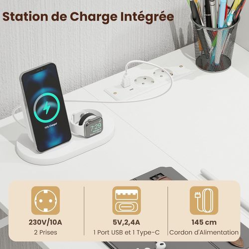 Bureau En L Avec Bibliothèque Étagères, Crochet Pour Casque Et Tiroir Pour Clavier (blanc)