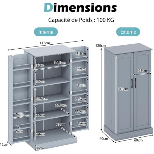 Armoire De Cuisine 2 Portes Avec 16 Étagères, Meuble Cuisine Rangement, Buffet Salon, Vaisselier
