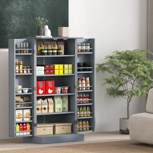 Armoire De Cuisine 2 Portes Avec 16 Étagères, Meuble Cuisine Rangement, Buffet Salon, Vaisselier