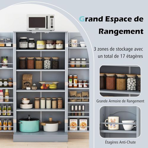 Armoire De Cuisine 2 Portes Avec 16 Étagères, Meuble Cuisine Rangement, Buffet Salon, Vaisselier