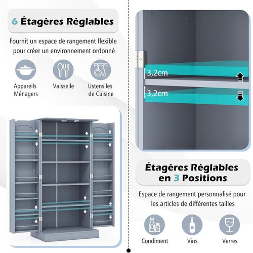 Armoire De Cuisine 2 Portes Avec 16 Étagères, Meuble Cuisine Rangement, Buffet Salon, Vaisselier
