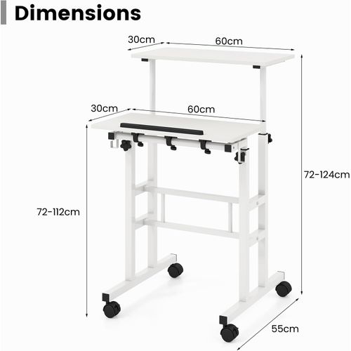 Bureau Debout Mobile BONTEC 65×45 Cm Sur Roulettes – Réglable Hauteur 72-112 Cm, Table Lit, Bureau PC Portable, 4 Roues Verrouillables