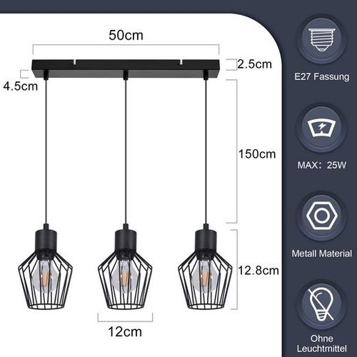 Suspension Salle à Manger 3 Flammes Noir Industriel Suspension E27 Pour Couloir