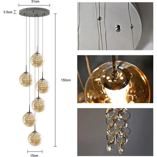 Suspension LED 6 Flammes Réglable En Hauteur En Verre Pour Salon Et Décoration Intérieure