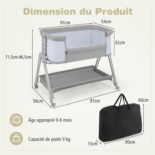 Lit Cododo Bébé Avec Matelas Et 7 Hauteurs Réglables(71,5-86,5cm), Lit Bébé Evolutif 0-6 Mois