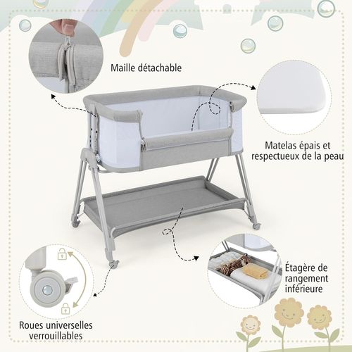 Lit Cododo Bébé Avec Matelas Et 7 Hauteurs Réglables(71,5-86,5cm), Lit Bébé Evolutif 0-6 Mois