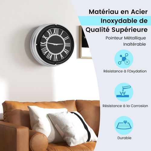 Horloge Murale Silencieuse De 45 Cm, Grande Horloge Ronde Pour Chambre Bureau Salon, Noir+argent