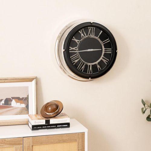 Horloge Murale Silencieuse De 45 Cm, Grande Horloge Ronde Pour Chambre Bureau Salon, Noir+argent